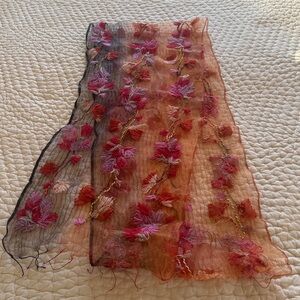 Boho Chic Scarf with Wool Flowers Embroidered on Gauze